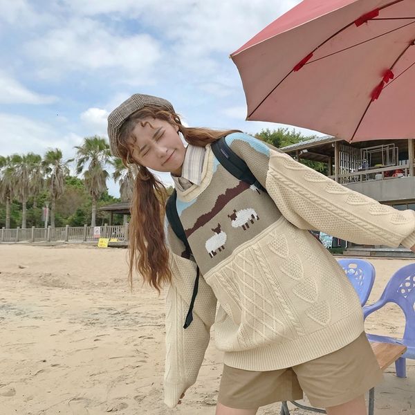 

2021 new college style loose and versatile vintage fun color matching lamb knitted sweater crew neck xyzy, White;black