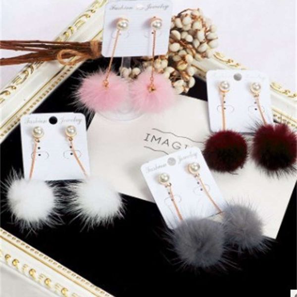 

autumn winter fashion long earrings simple pearl wool ball