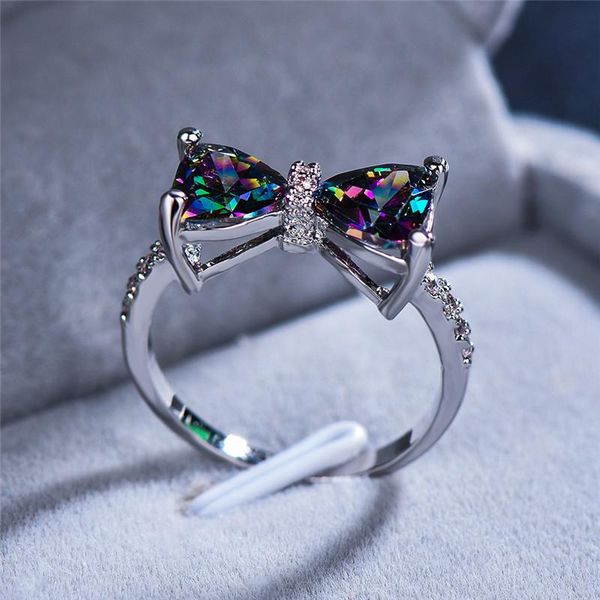 

cute female big bowknot zircon stone ring simple purple blue red rainbow wedding ring rose gold love engagement, Slivery;golden