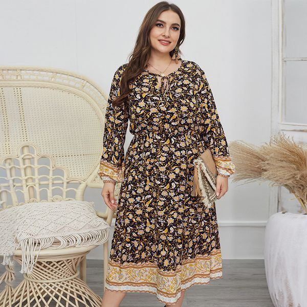 

new 2021 spring summer vintage floral printed women midi dresses v-neck long sleeve dress plus size female vestidos 26ep, Black;gray