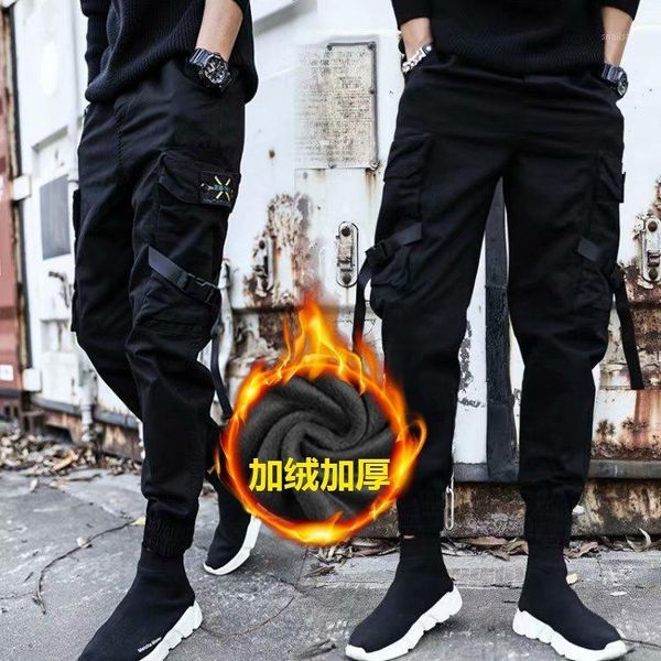 

men's pants elastic waist cargo summer thin nine points tie feet trousers loose harem youth trendy casual drawstring, Black