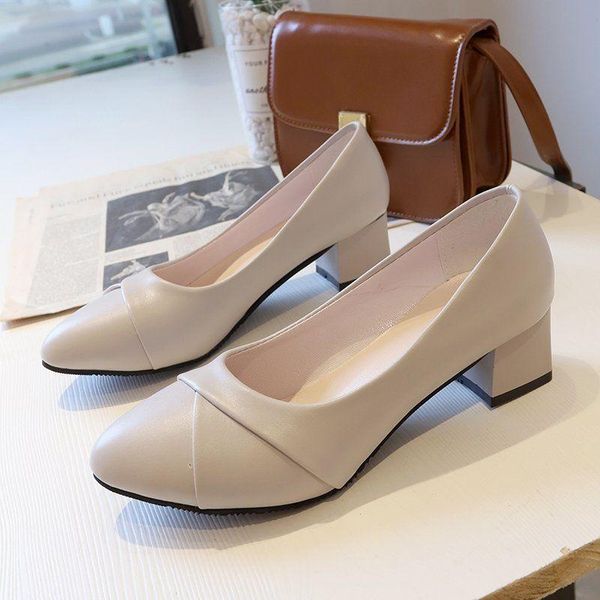 

dress shoes soft leather single women work thick heel mid-heel working professional pointed high heels, Black