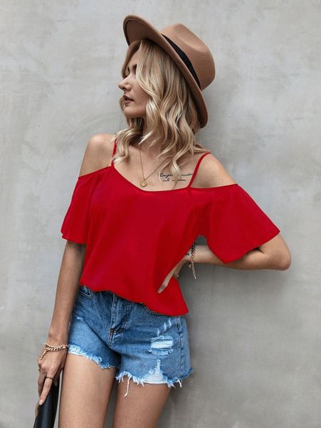 

solid cold shoulder blouse n3cy#, White
