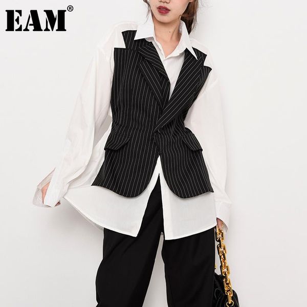 

eam] women black striped split temperament blouse new lapel long sleeve loose fit shirt fashion tide spring autumn 2021 1w02201, White