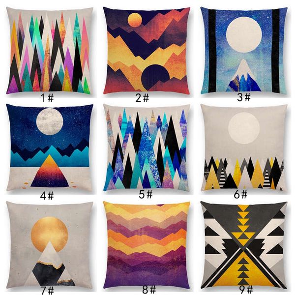 

new sun moon dreamy peaks colorful triangle mountains surrealism geometric pattern cushion cover
