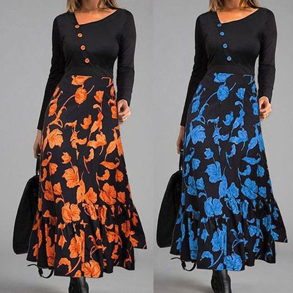 

casual dresses 4# women positioning printed long sleeve pocket dress o neck loose autumn oversized beach maxi, Black;gray