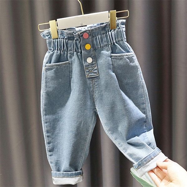 

kids pants autumn new boys and girls korean mid-waist lace elastic waist three-color pocket casual button jeans 210303, Blue