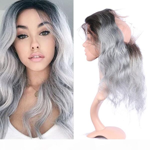 

dark root 1b grey ombre body wave virgin human hair bundles silver grey body wave ombre 360 full lace frontal band closure, Black;brown