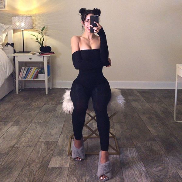 

2021 new arrival black skinny long sleeve jumpsuit for women party club rompers bodysuit workout off-shoulder wear, Black;white