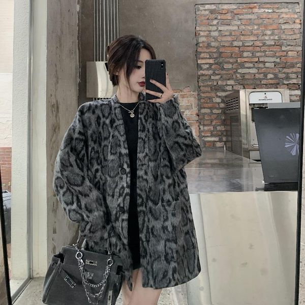 

women's wool & blends gray leopard coat for women v-neck long-sleeved loose pocket fashion all match female outwear blazers, Black