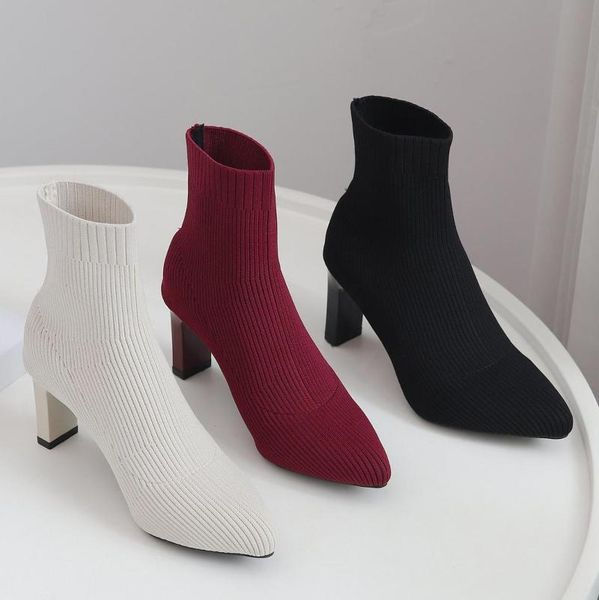 

boots 2021 women sock fetish stripper stretch short ankle lady knitting winter low 7cm high heels burgundy red shoes, Black