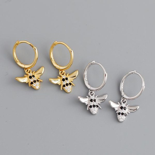 

hoop & huggie enosola luxury real 925 sterling silver punk black zircon 3d bee earrings ear buckle for women bohemian insect jewelry, Golden;silver