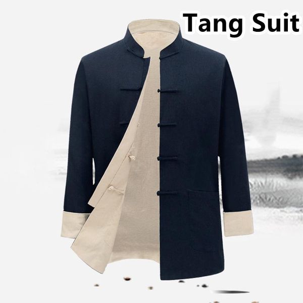

ethnic clothing men middle-aged elderly long-sleeved tang suit 2021 chinese style stand-up collar oversize double-sided buckle linen hanfu t, Red