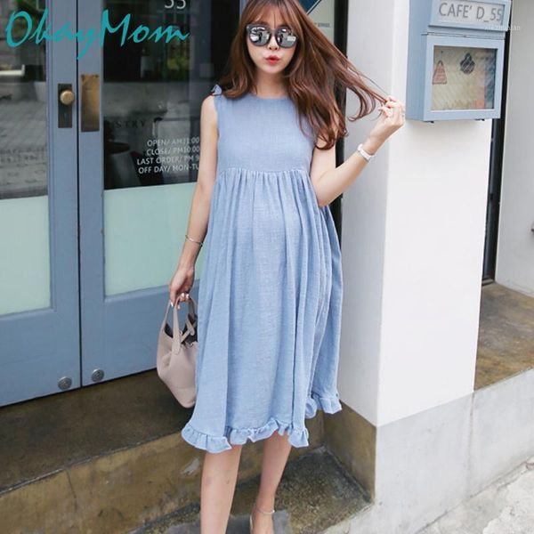 

maternity dresses korean causal loose dress clothes blue pink linen for pregnant women pregnancy wear summer clothing 20211, White