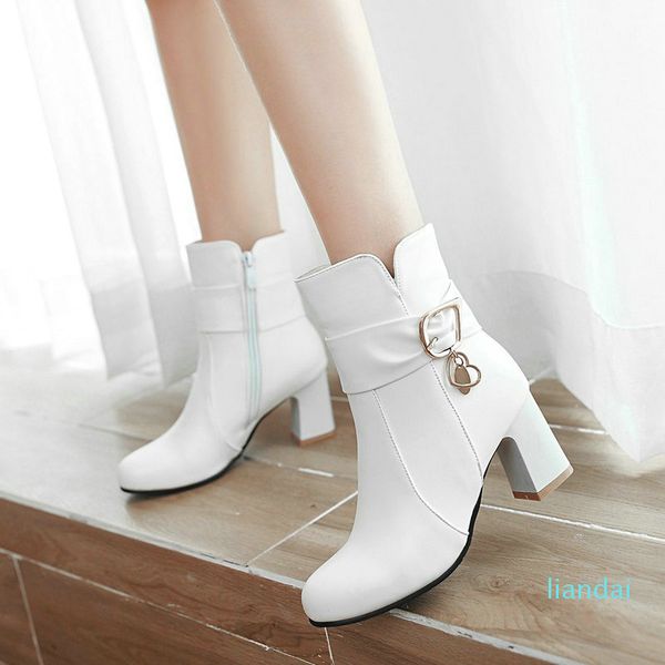 

dress shoes female comfortable thick heel ankle boots fashion buckle zipper women round toe fall winter black white pink zul4