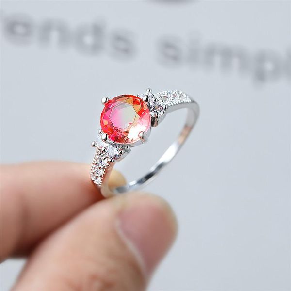 

wedding rings creative pink yellow round zircon for women dainty jewelry female vintage fashion rainbow stone ring luxury gifts, Slivery;golden