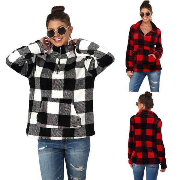 

original design autumn and winter new womens lapel long sleeve plaid pullover sweater in stock, Black