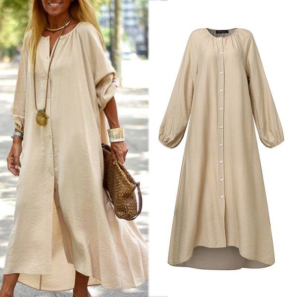 

2021 fashion women vintage midi dress kaftan solid shirt vestidos celmia autumn lantern sleeve casual loose party work dress 5xl, Black;gray