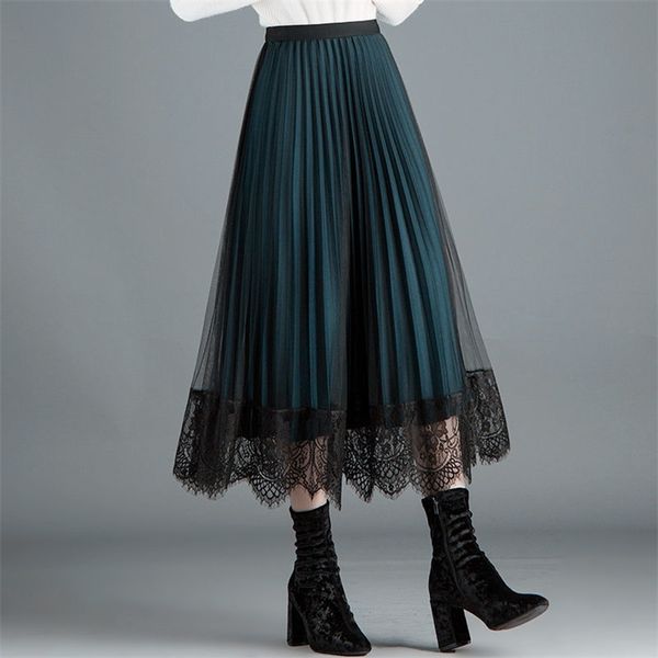 

women vintage long lace tulle skirts new autumn hollow out black spring pleated skirt plus size elastic waist midi skirts 210315