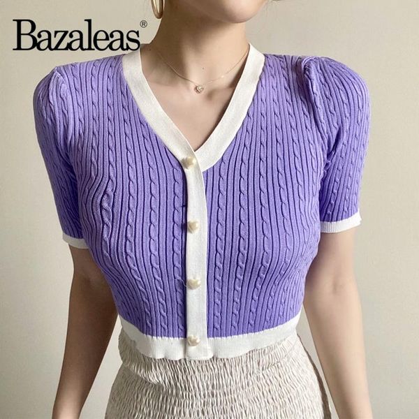 

women's t-shirt bazaleas streetwear center buttons cropped women v neck crop harajuku knitted purple vintage casual, White