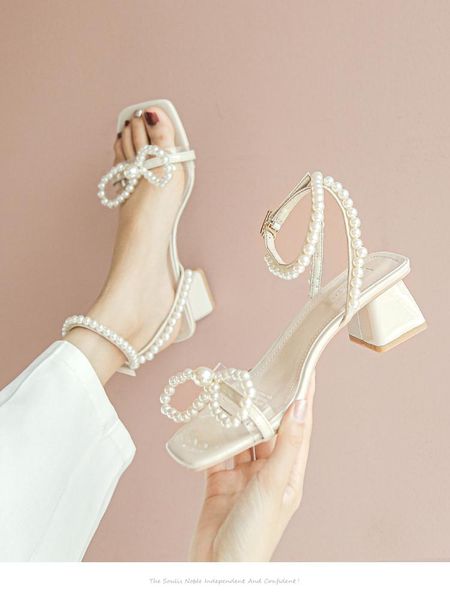 

[welfare 99 yuan] chunky heel sandals women's 2021 new summer pearl fairy wind net red heel high heels, Black