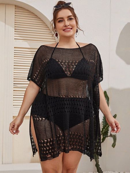 

plus crochet split side sheer cover up a9lw#, Black