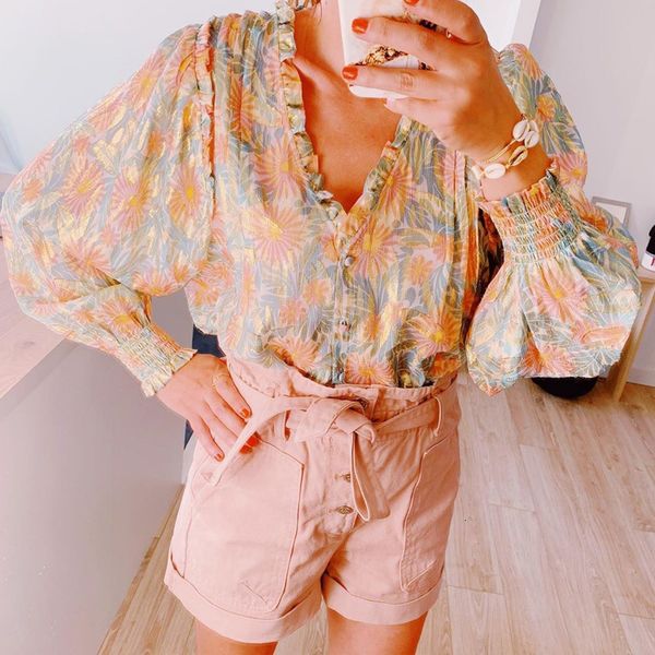 

2021 women summer new product v-neck gold thread printing lantern long sleeve loose shirt l0sz, White