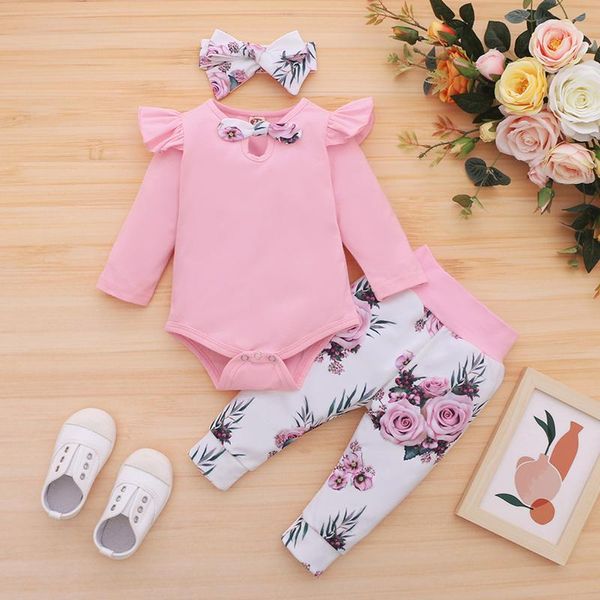 

3pcs sets costume for baby girl infant baby girls floral print clothes bow tie romper pants hairband outfits set newborn clothes, White
