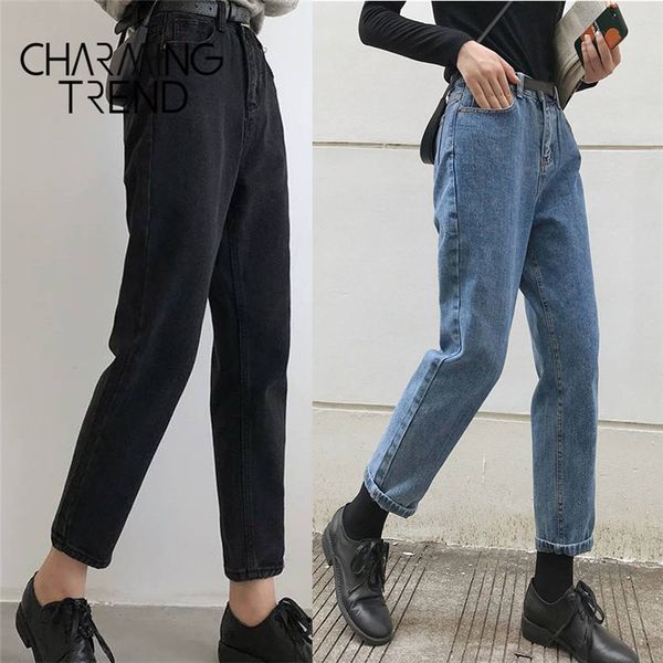 

womens jeans pant black korean crop jeans girls students vintage solid long pants fit female high waist denim pants women 210222, Blue