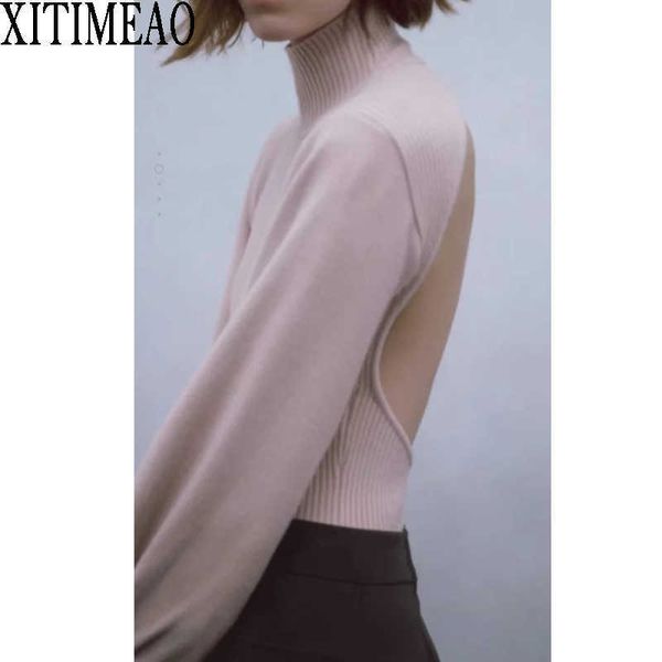 

za women high collar sweater fashion solid open back backless slim long sleeve elastic knitwear chic 210602, White;black