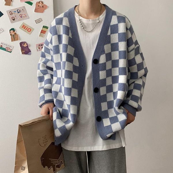 

men's sweaters sweater blue checkerboard v-neck cardigan coat autumn and winter leisure trend men, White;black
