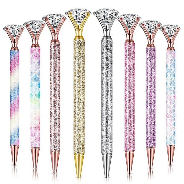 

ballpoint pens 8pcs diamond pens, cristal bling metal pen black ink for school,office supplies, Blue;orange