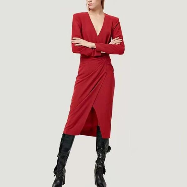 

casual dresses women v-neck pleated midi dress front split slim long sleeve back zipper female red black robe 2021 autumn winter, Black;gray