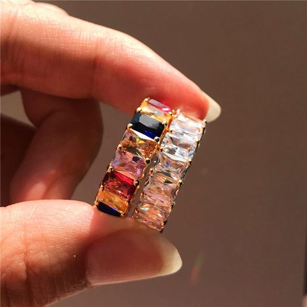 

wedding rings dainty bridal square zircon engagement ring vintage gold color cute female rainbow crystal stone for women, Slivery;golden