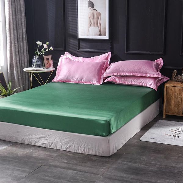 

bedding sets luxury satin silk fitted sheet set mattress cover + 2pcs pillowcase home textile bedspread elastic rubber bed black camel