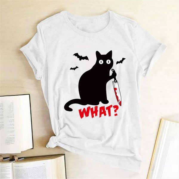 

black cat what and women mens t shirts womens knife short sleeve halloween fashion tees femme camisetas verano mujer, White;black