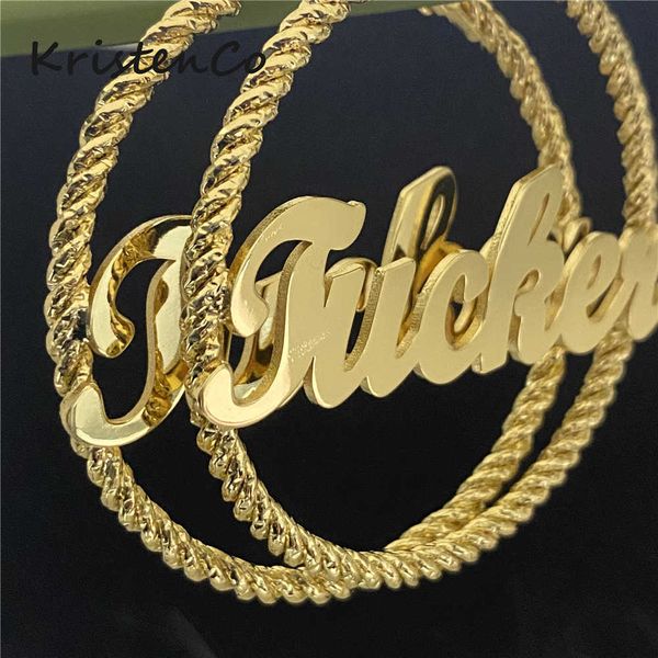 

kristenco name earrings custom name twist thread hoop earrings letter big personalised name earrings women gift 210924, Golden;silver