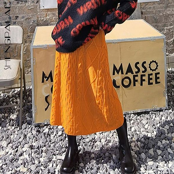 

shengpalae minimalist twist knitted skirt for women in spring 2021 new elastic high waist solid color knee-length skirt 5b454, Black
