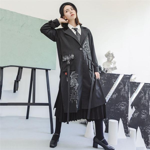 

women's trench coats 2021 fashion black printed long coat women vintage spring autumn chinese style windbreaker overcoats m382, Tan;black