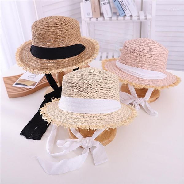 

caps & hats toddler girls straw boater hat wide brim uv protection flat sun with letter bowknot1, Yellow