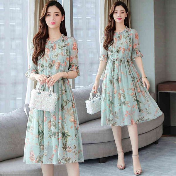 

casual dresses chiffon floral large women's dress summer fat mm very fairy belly covering thin over knee long skirt, Black;gray