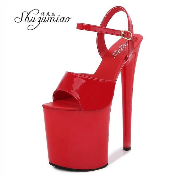 

ultra-high heels 20cm women shoes lacquer leather 2021 new waterproof platform hate sky sandals front & rear strap female shoes, Black