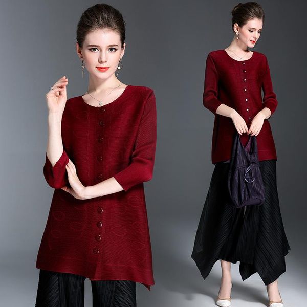 

women's jackets pleated o-neck 3/4 sleeve dark pattern single row ten buttons medium length cardigan solid color spring and autumn coat, Black;brown