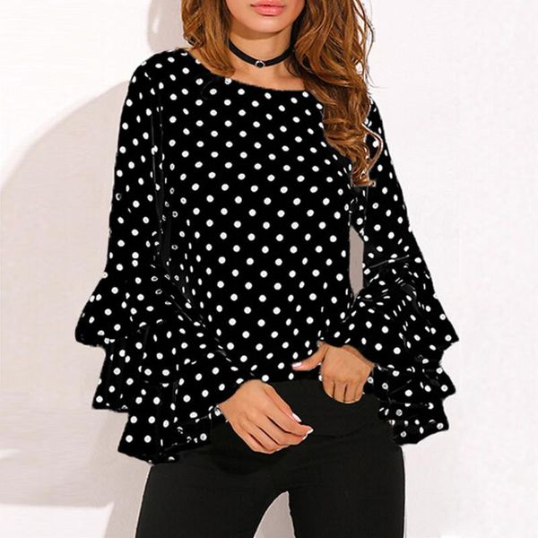 

women's blouses & shirts elegant ruffles blouse vintage polka dot print bell sleeve loose shirt ladies casual plusÂ sizeÂ casual pullover, White
