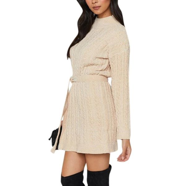 

autumn winter sweater dresses women knitted sweater slim dress women with belt long sleeve mini dress elegantwomen, Black;gray