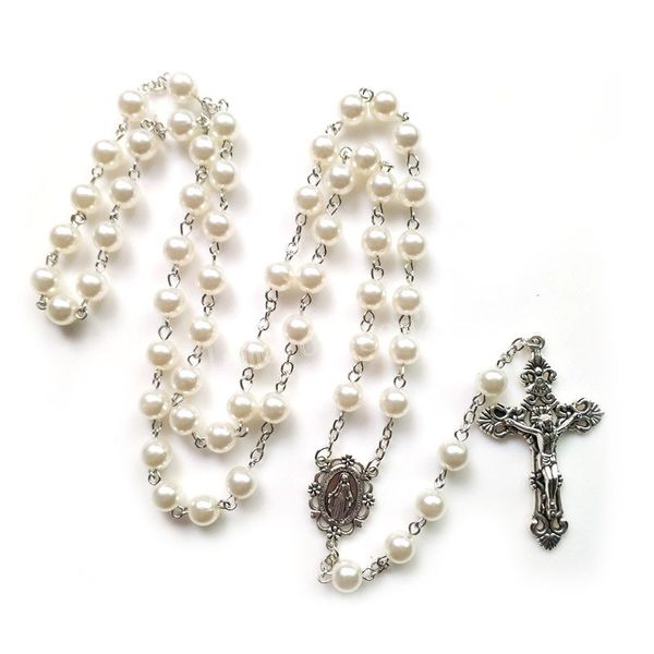 

white plastic pearl rosary necklace for women wedding long vintage jesus cross pendant religious pray jewelry, Silver
