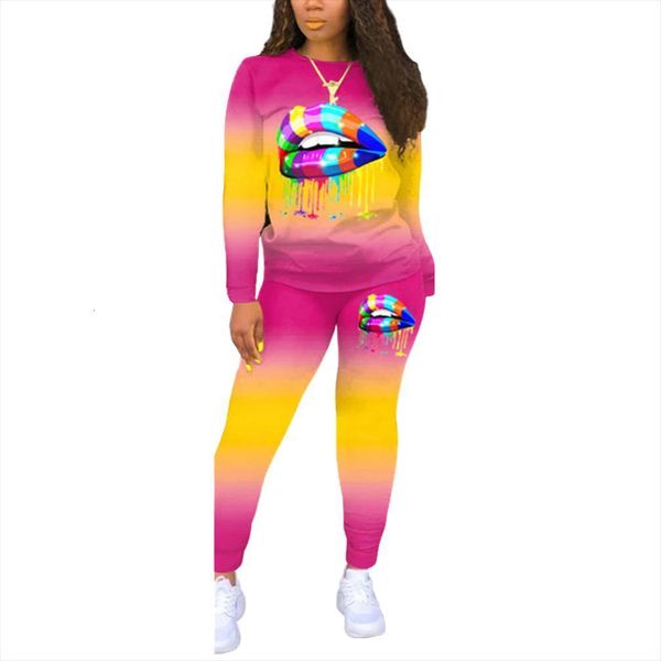 

tie dye two piece womens pants set long sleeve lip print o neck sweatshirt female fashion autumn casual fitness outfits, White