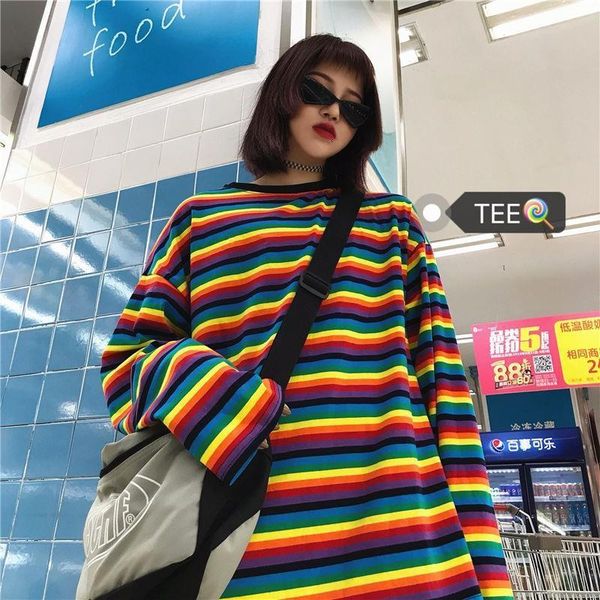 

nicemix tshirt women o-neck tees shirt long sleeve harajuku streetwear korean causal loose rainbow striped t-shirt for women, White