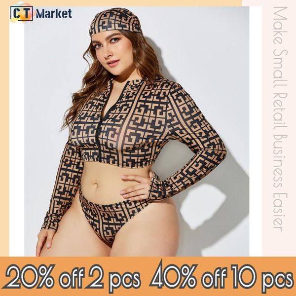 

one-piece suits 3 pieces swimsuit women plus size zipper swimwear long sleeve swimming bodysuit with scarf 2021 holiday ctyy122