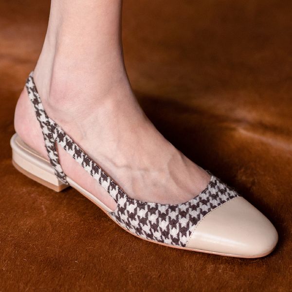 

Womens genuine leather Plaid fabric patchwork slingback slip-on flats sandals round toe leisure soft comfortable summer shoesDress Shoes, Beige